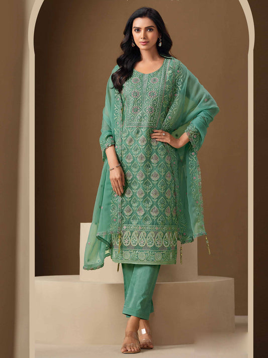Sea Green Embroidery Pant Style Suit