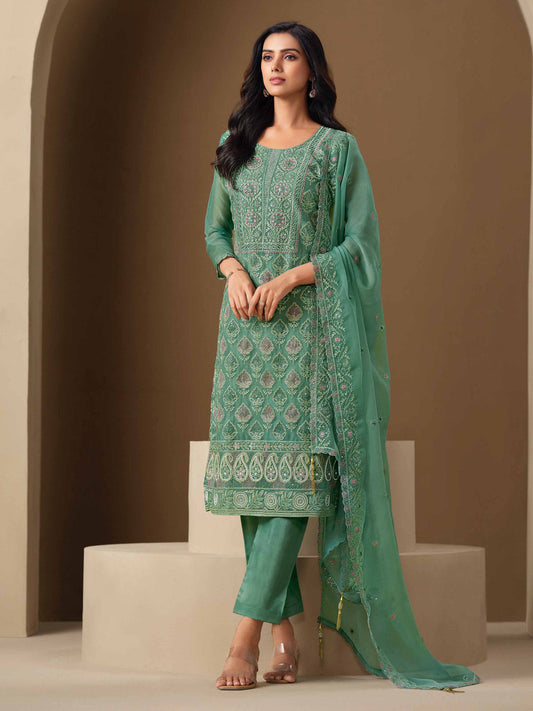 Sea Green Embroidery Pant Style Suit
