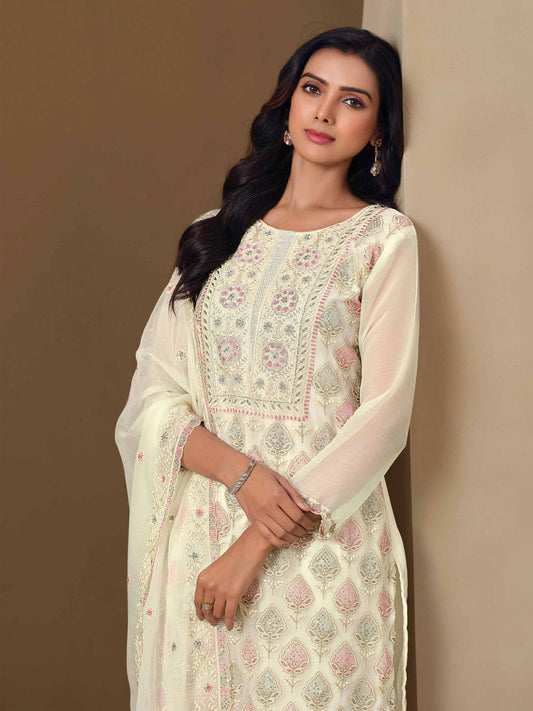 Off White Embroidery Pant Style Suit