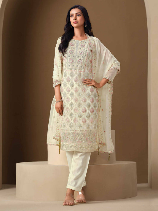 Off White Embroidery Pant Style Suit