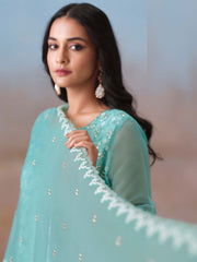 Teal Blue Embroidery Pant Style Suit