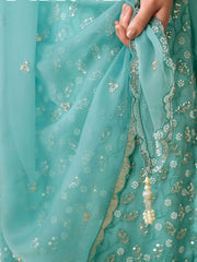 Teal Blue Embroidery Pant Style Suit