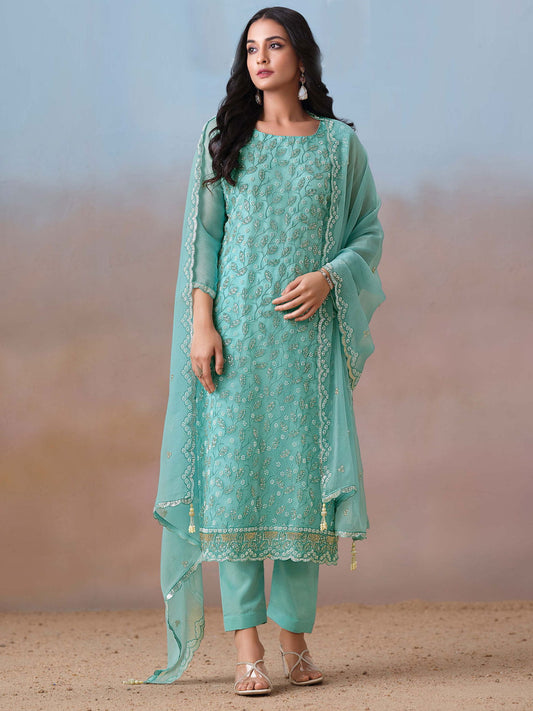 Teal Blue Embroidery Pant Style Suit