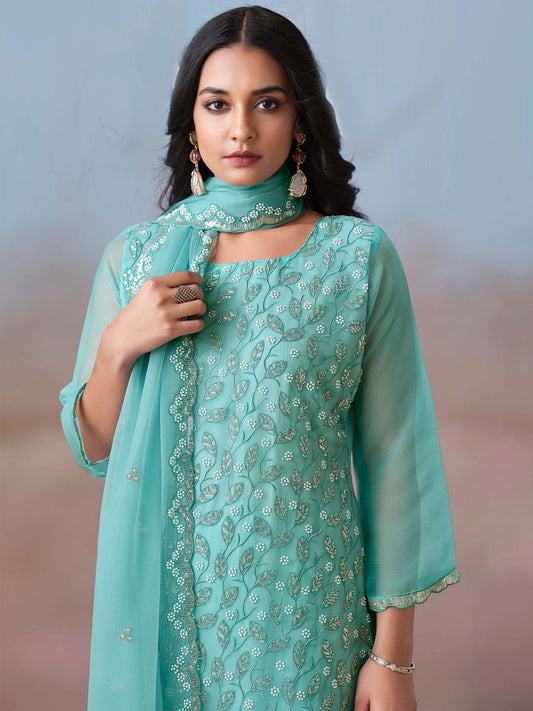 Teal Blue Embroidery Pant Style Suit