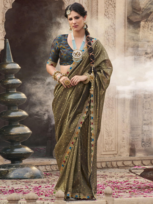 Olive Gold Tissue Saree with Multicolor Lace and Royal Embroidered Blouse
