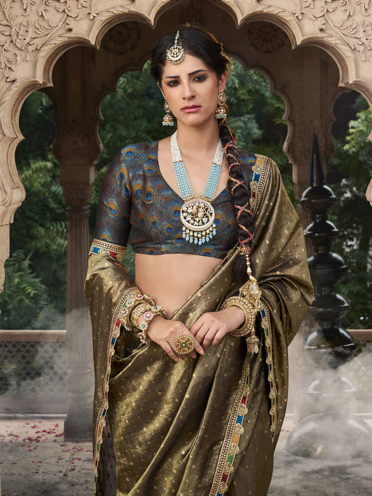 Olive Gold Tissue Saree with Multicolor Lace and Royal Embroidered Blouse