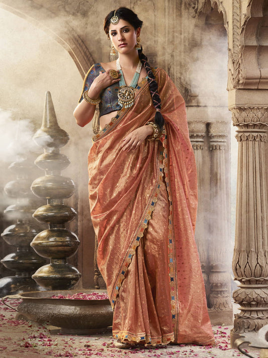 Peach Glow Tissue Saree with Intricate Lace and Designer Embroidered Blouse