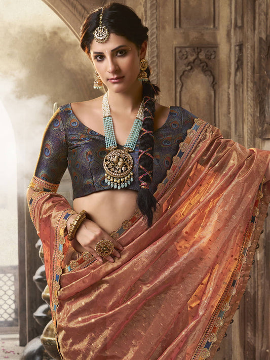 Peach Glow Tissue Saree with Intricate Lace and Designer Embroidered Blouse