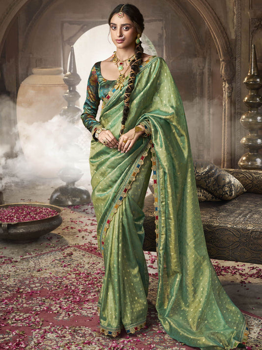 Green Glow Tissue Saree with Multicolor Lace and Designer Blouse