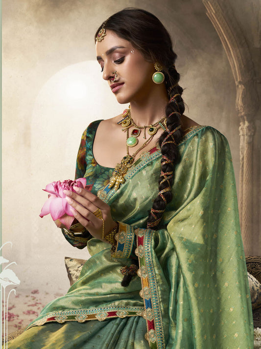 Green Glow Tissue Saree with Multicolor Lace and Designer Blouse