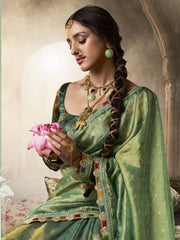 Green Glow Tissue Saree with Multicolor Lace and Designer Blouse