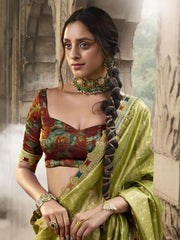 Lime Gold Tissue Saree with Vibrant Floral Blouse