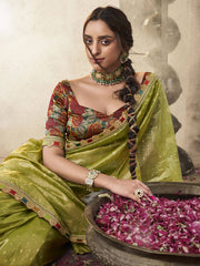 Lime Gold Tissue Saree with Vibrant Floral Blouse