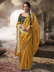 Golden Radiance Tissue Saree with Multicolored Lace and Embroidered Blouse