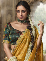 Golden Radiance Tissue Saree with Multicolored Lace and Embroidered Blouse