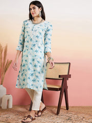 Blue & White Floral Embroidered Straight Kurta With Trouser