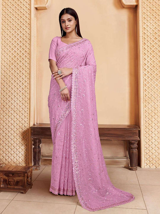 Pink Organza Net Printed Embroidered Classic Indian Saree main image 1