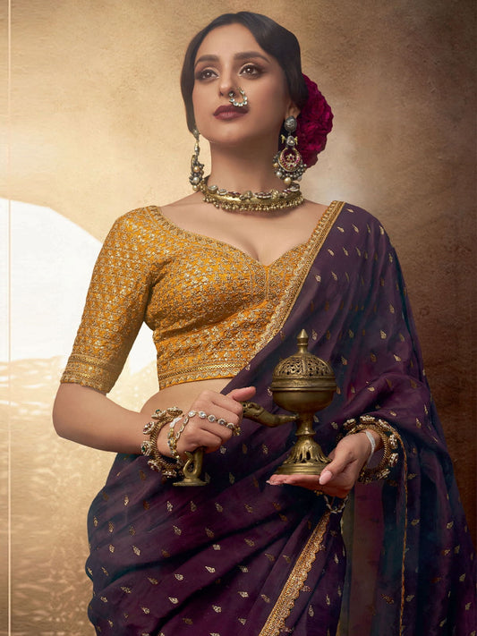 Purple And Yellow Embroidered Viscose Saree