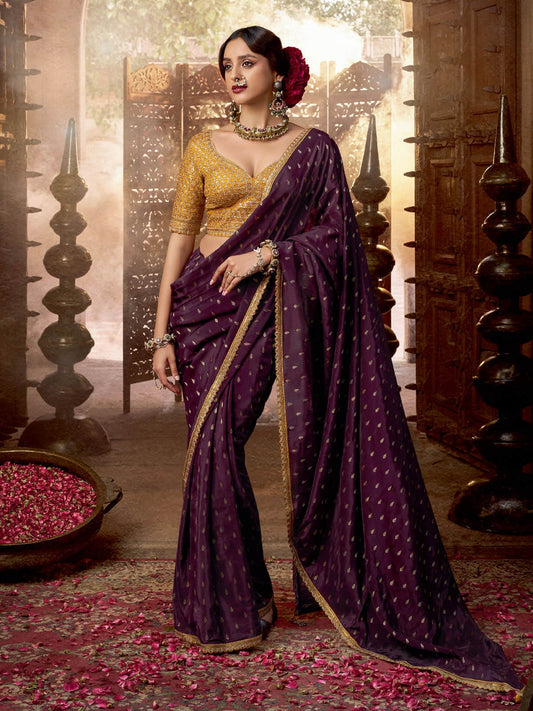 Purple And Yellow Embroidered Viscose Saree