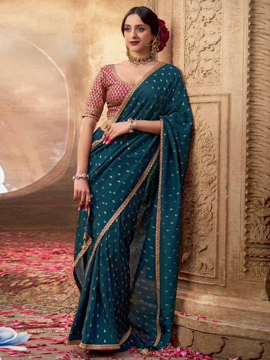Turquoise And Red Embroidered Viscose Saree
