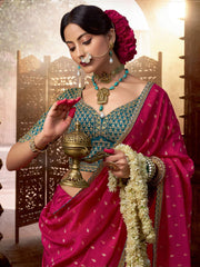 Magenta And Turquoise Embroidered Viscose Saree