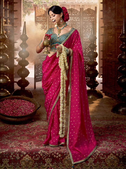 Magenta And Turquoise Embroidered Viscose Saree
