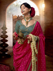 Magenta And Turquoise Embroidered Viscose Saree