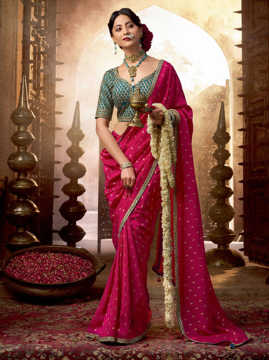 Magenta And Turquoise Embroidered Viscose Saree