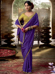 Indigo Blue And Yellow Embroidered Viscose Saree