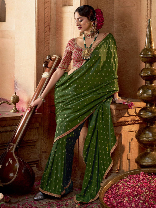 Green And Red Embroidered Viscose Saree