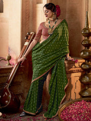 Green And Red Embroidered Viscose Saree