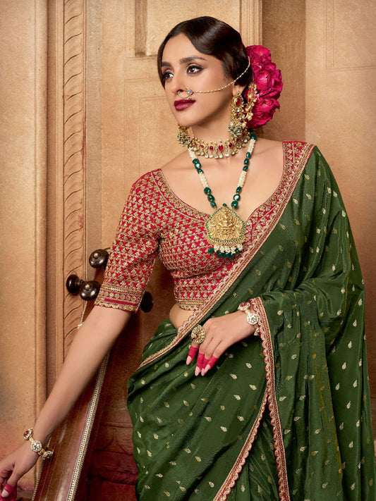 Green And Red Embroidered Viscose Saree