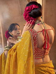 Yellow And Red Embroidered Viscose Saree