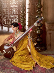 Yellow And Red Embroidered Viscose Saree