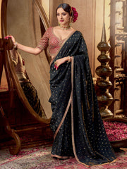 Black And Red Embroidered Viscose Saree