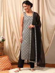 Women Grey Printed Regular Kurta with Trousers & With Dupatta