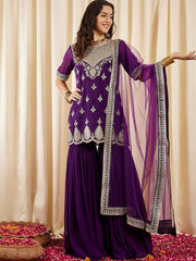 Purple Ethnic Motifs Embroidered Regular Sequined Kurti with Sharara & Dupatta
