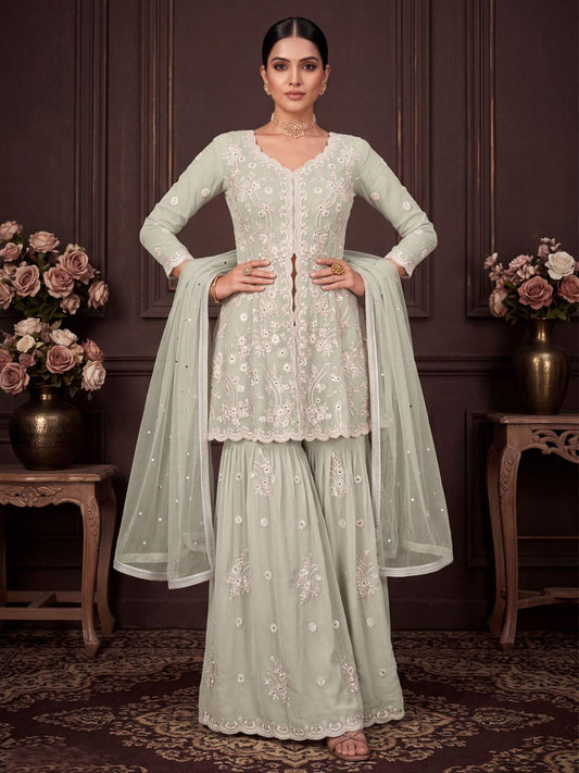 Sage Green Real Georgette with Embroidery Gharara Dress