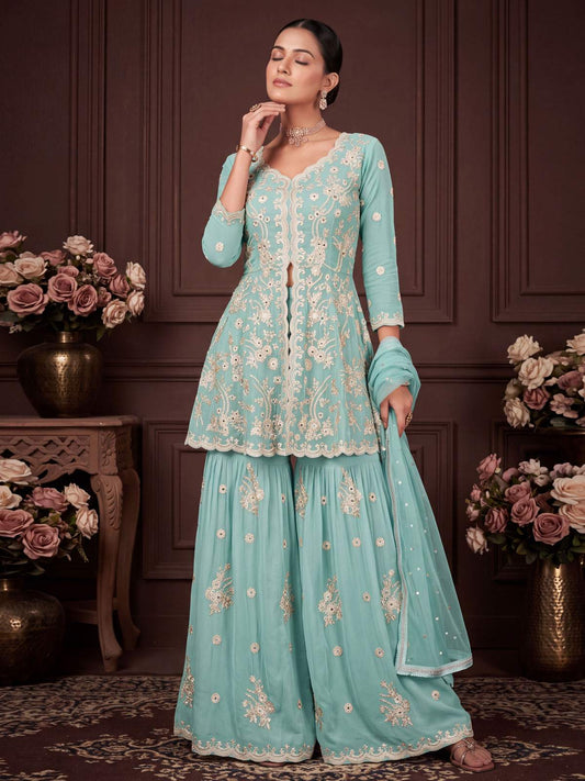 Aqua Blue Real Georgette with Embroidery Gharara Dress