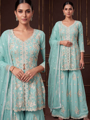 Aqua Blue Real Georgette with Embroidery Gharara Dress