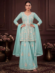 Aqua Blue Real Georgette with Embroidery Gharara Dress
