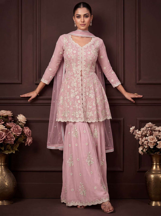 Dusty Pink Real Georgette with Embroidery Gharara Dress