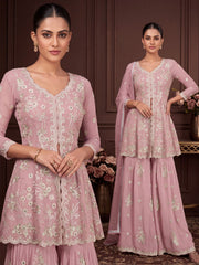 Dusty Pink Real Georgette with Embroidery Gharara Dress