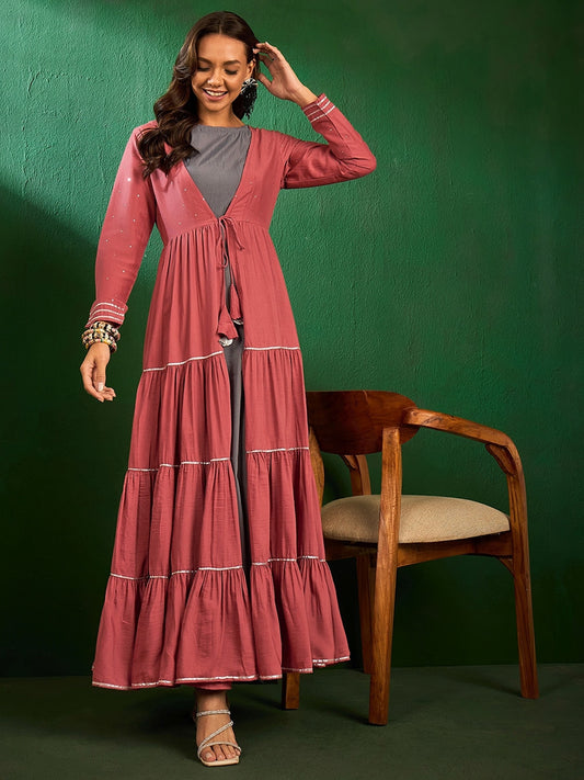 Peach Embroidered Cotton Ethnic Dress