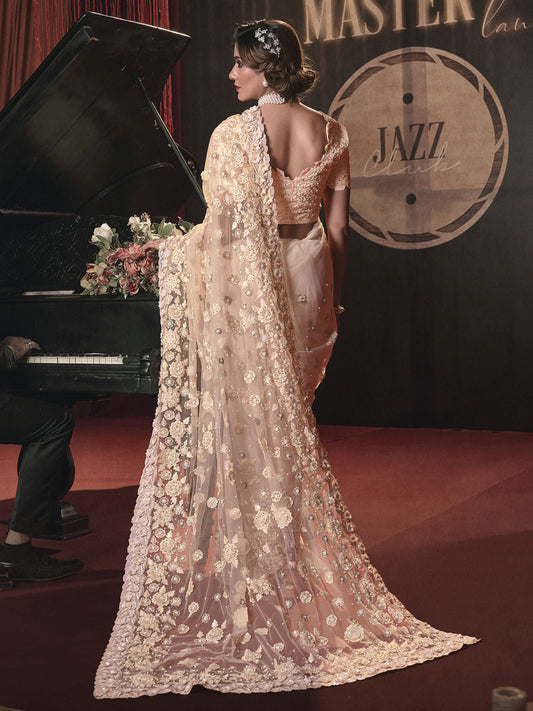 Peach Sequence And Applique Embroidery Wedding Saree