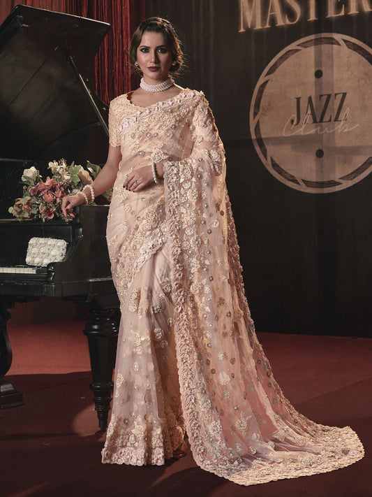 Peach Sequence And Applique Embroidery Wedding Saree
