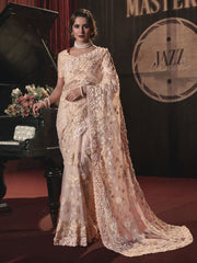 Peach Sequence And Applique Embroidery Wedding Saree