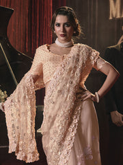 Peach Sequence And Applique Embroidery Wedding Saree