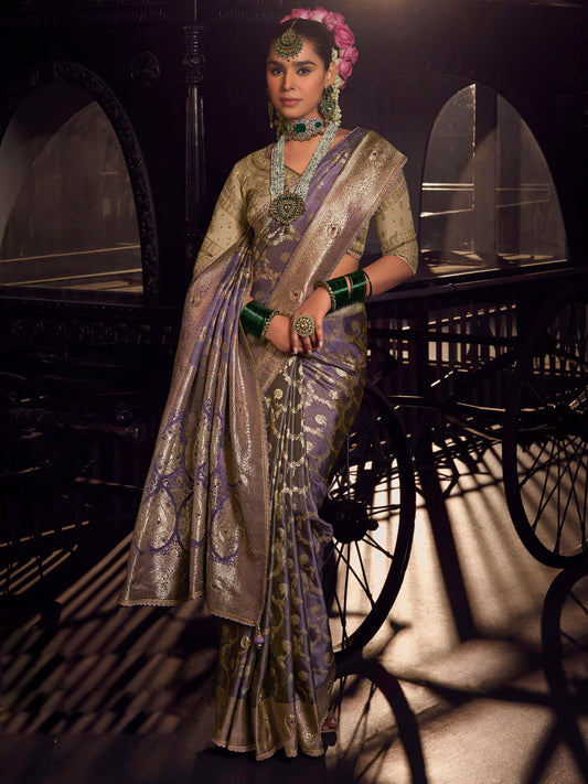Purple Pure Viscose Tissue Silk Hand Worked Saree