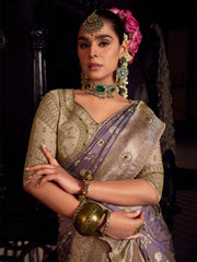 Purple Pure Viscose Tissue Silk Hand Worked Saree